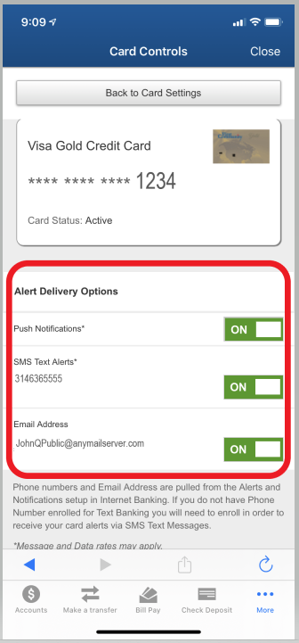 Card Control - Alert Delivery Options On Off